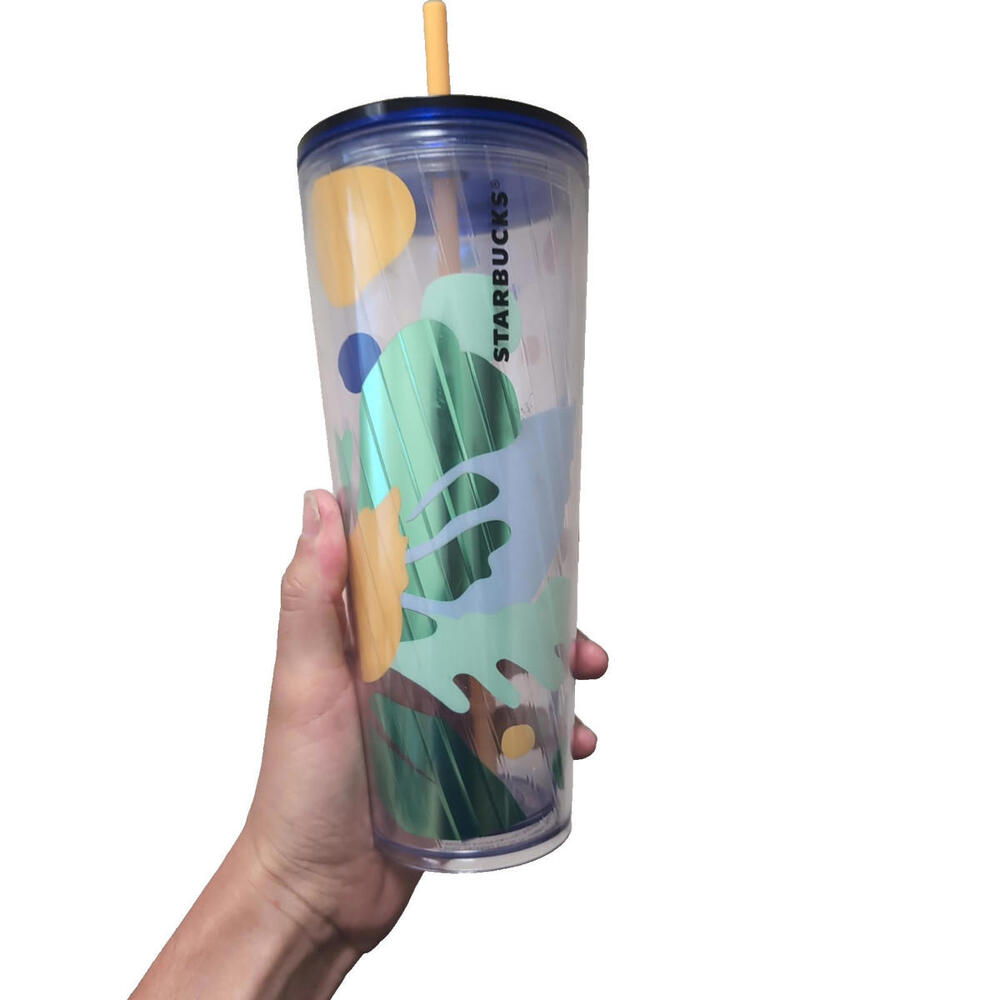 STARBUCKS Blue Green Palm Leaf Summer Cold Cup Straw Venti TUMBLER 24 Oz